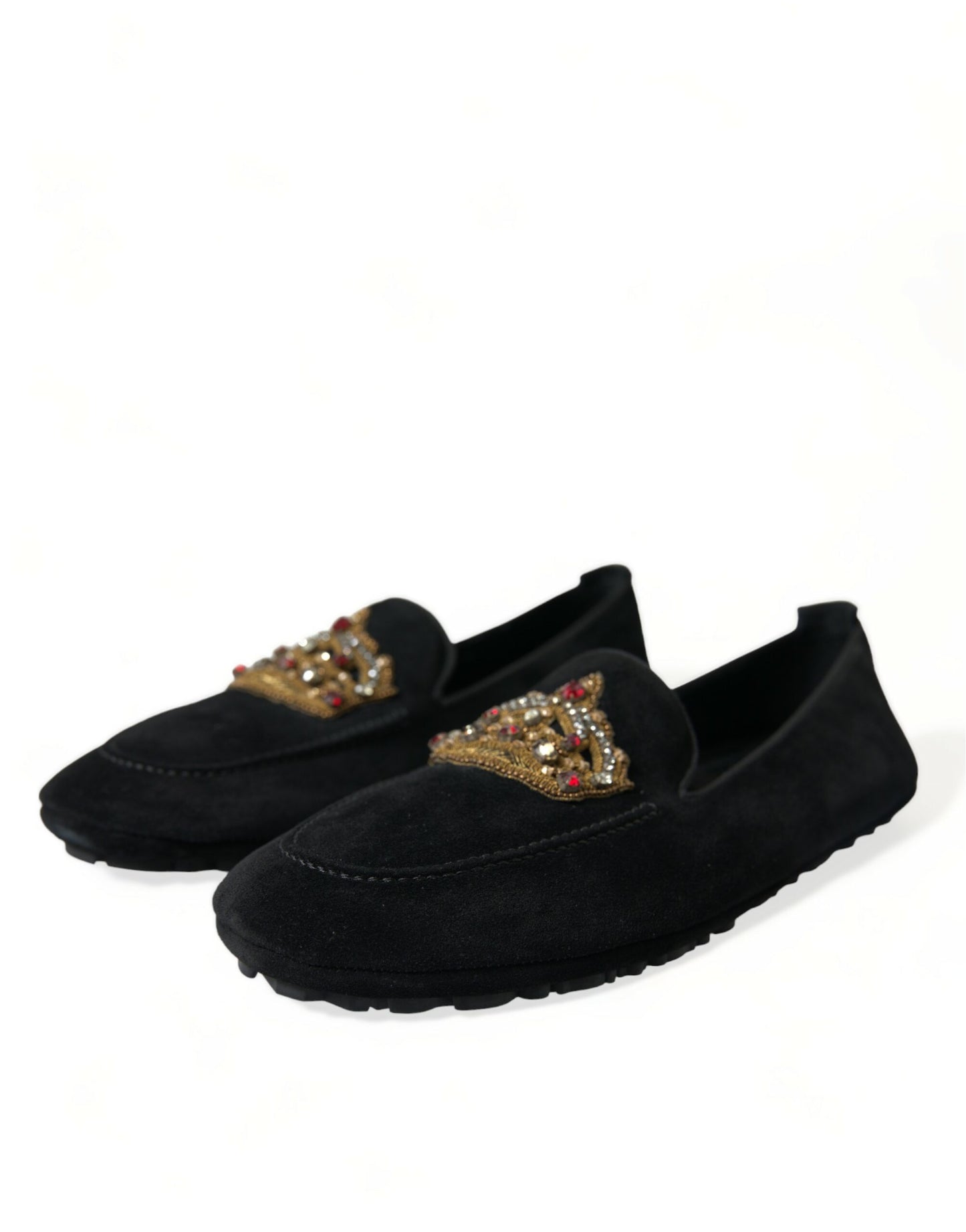 Black Leather Crystal Crown Loafers Shoes