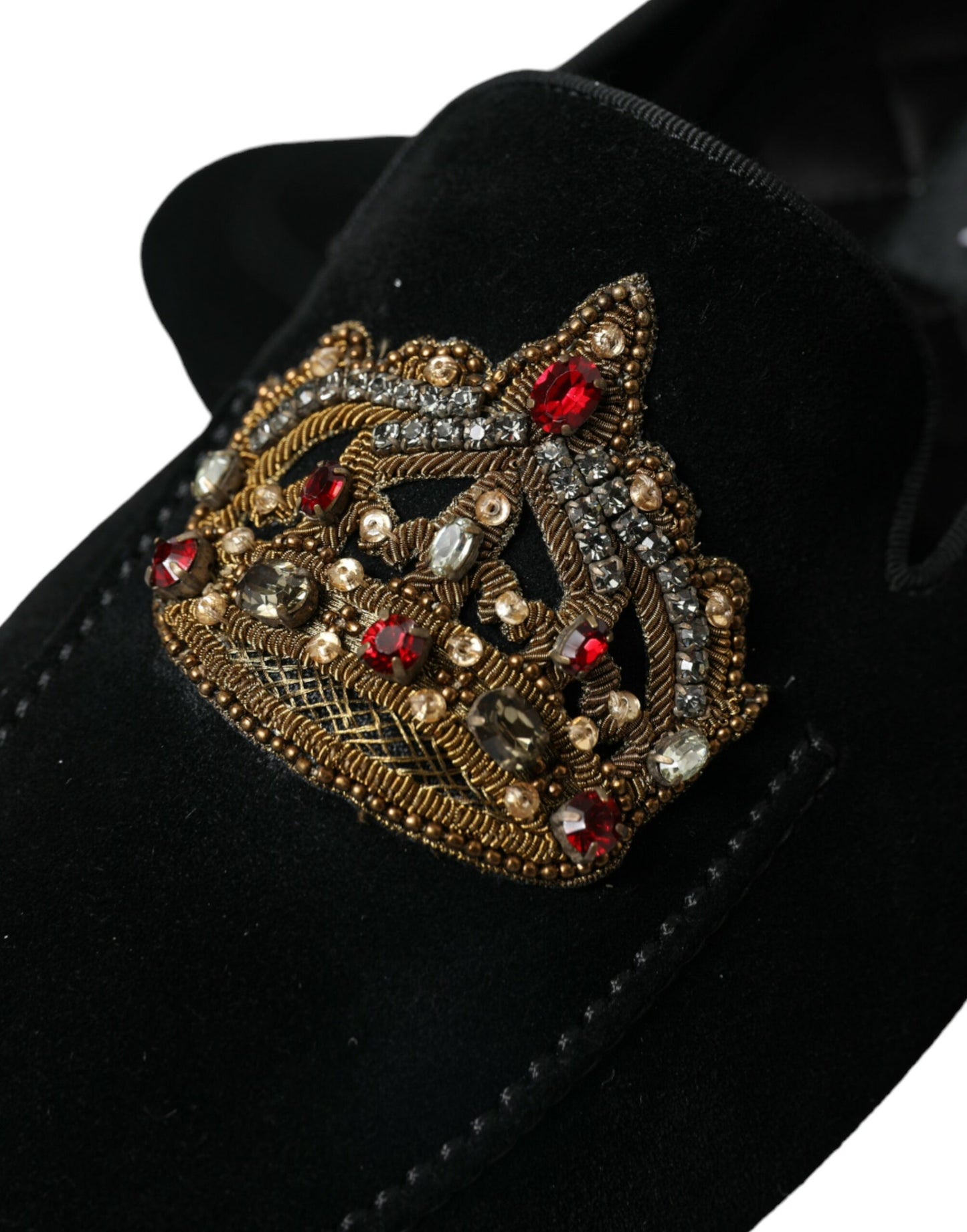 Black Leather Crystal Crown Loafers Shoes