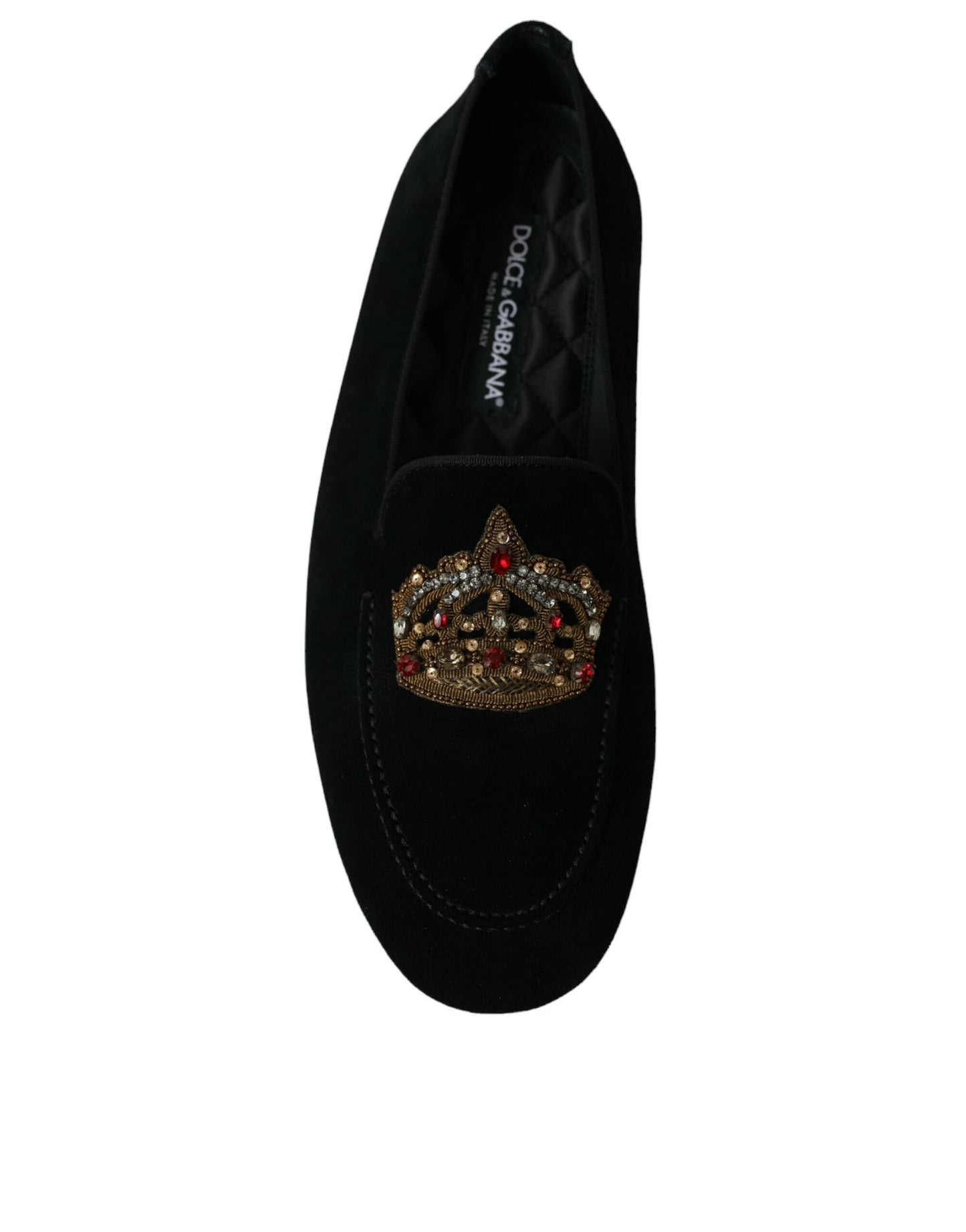 Black Leather Crystal Crown Loafers Shoes