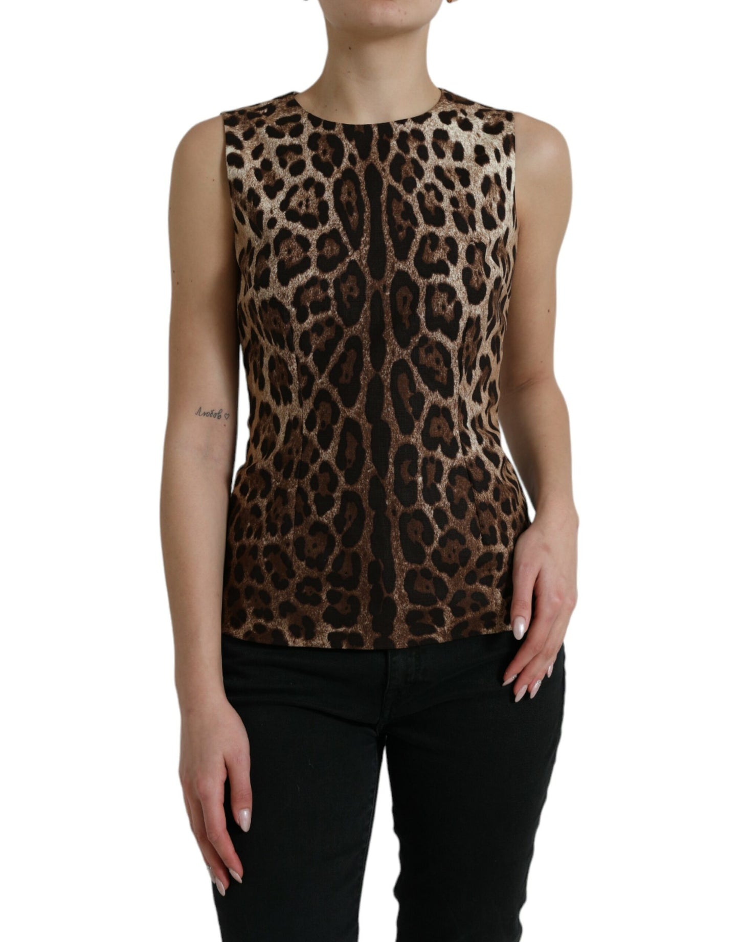 Brown Leopard Cotton Sleeveless Tank Top