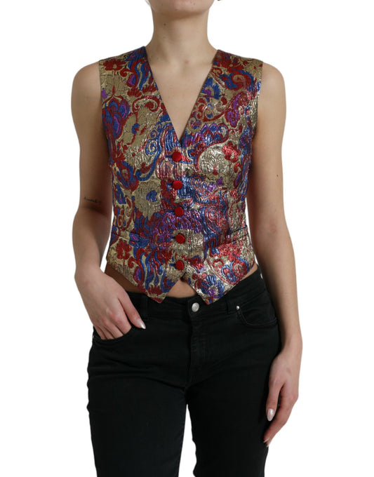 Multicolor Jacquard Button Waistcoat Vest Top