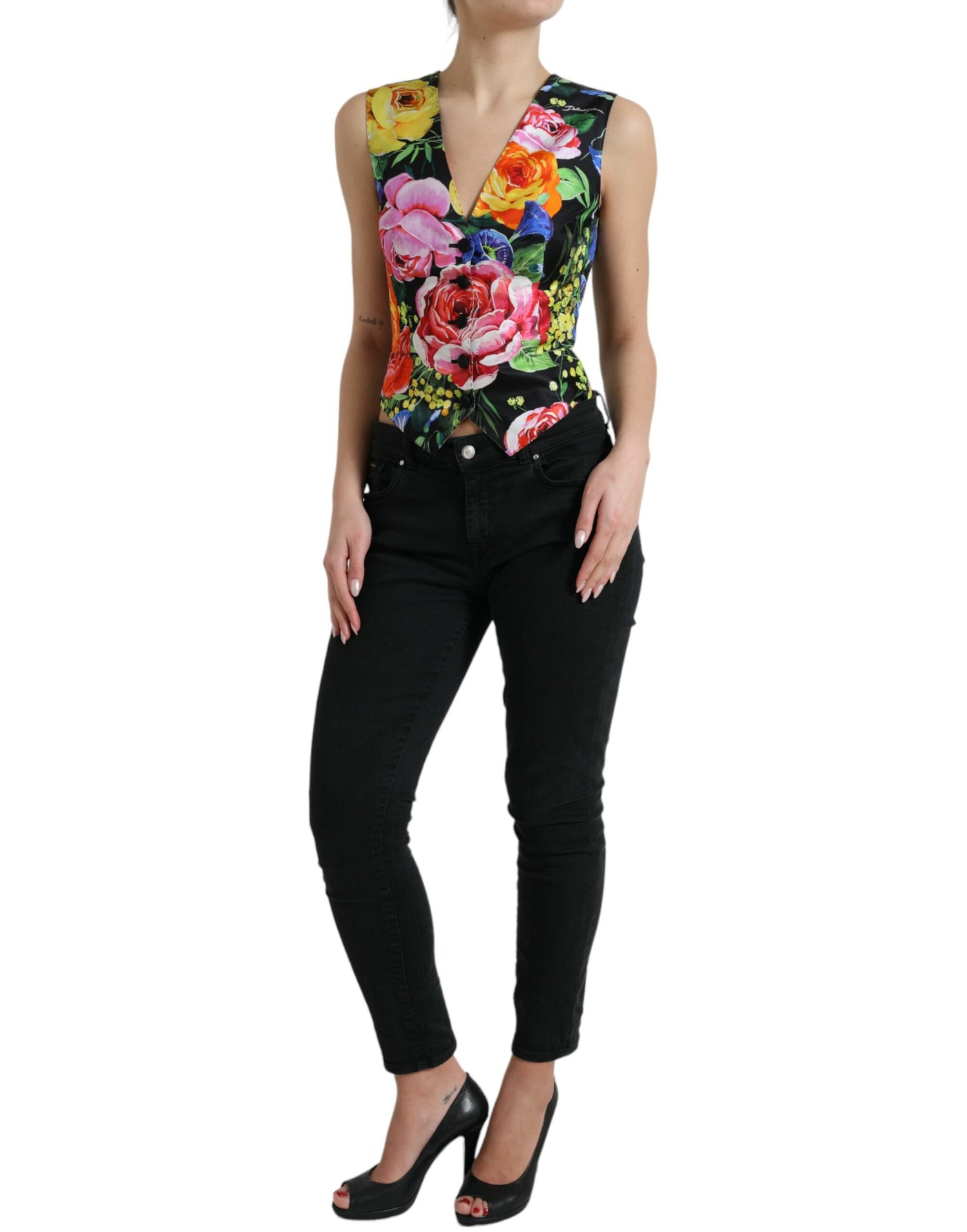 Multicolor Floral Button Waistcoat Vest Top