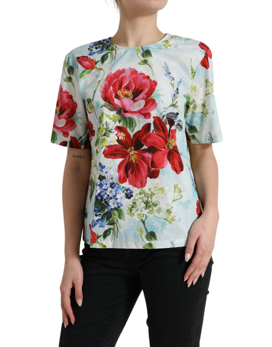 Multicolor Floral Cotton Round Neck Blouse Top