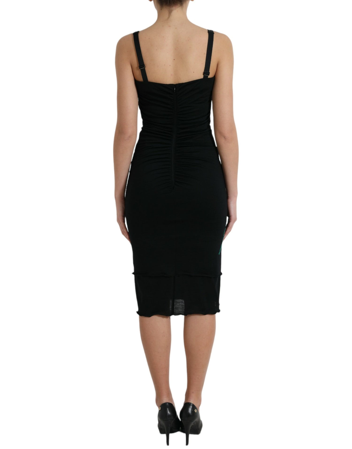 Black Roses Wool Sheath Bodycon Midi Dress