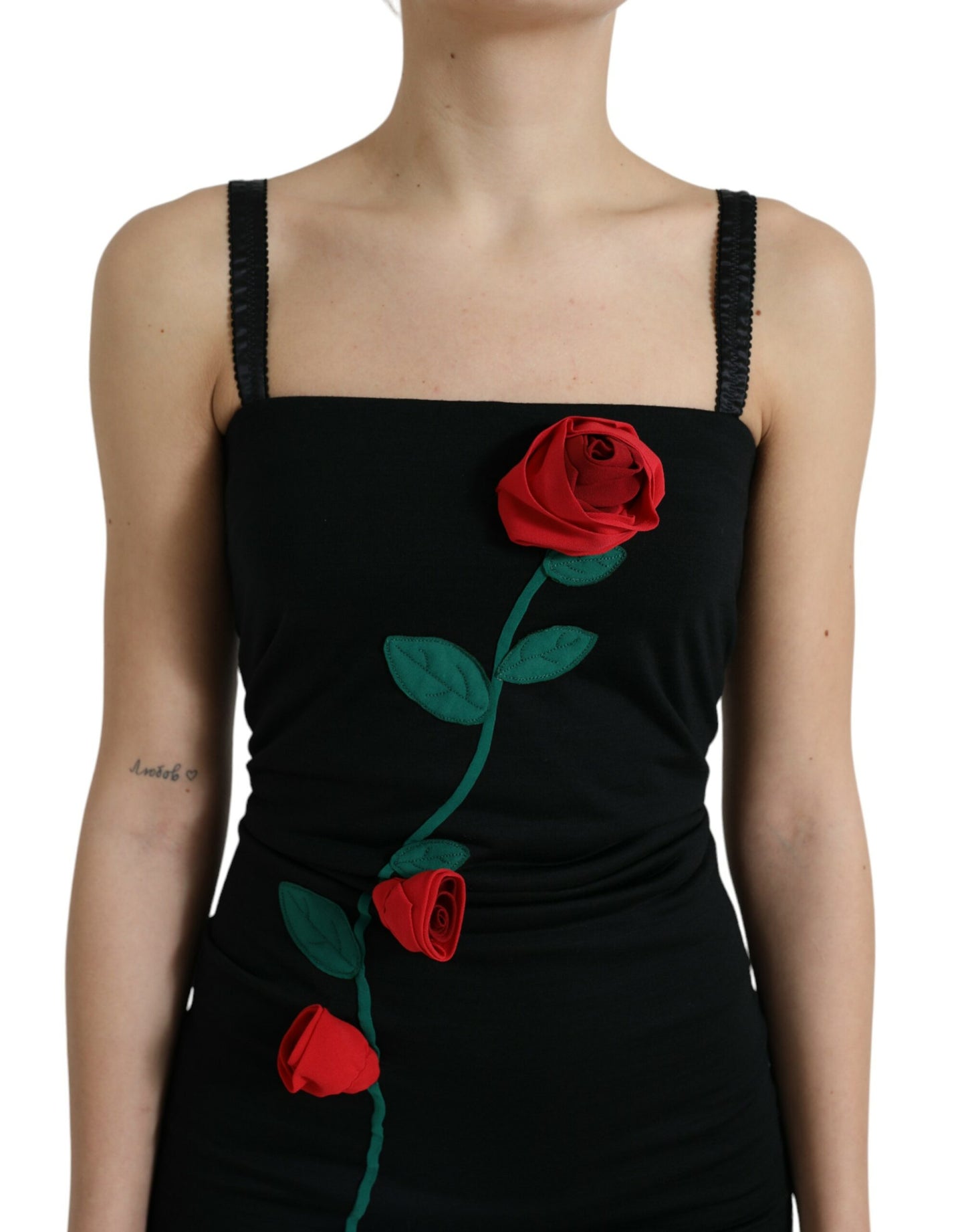 Black Roses Wool Sheath Bodycon Midi Dress