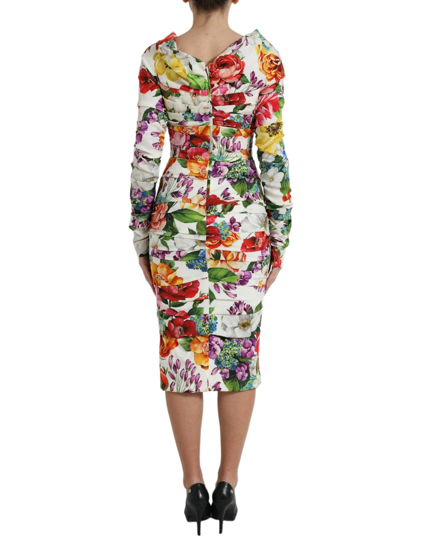 Multicolor Floral Sheath Midi Silk Dress