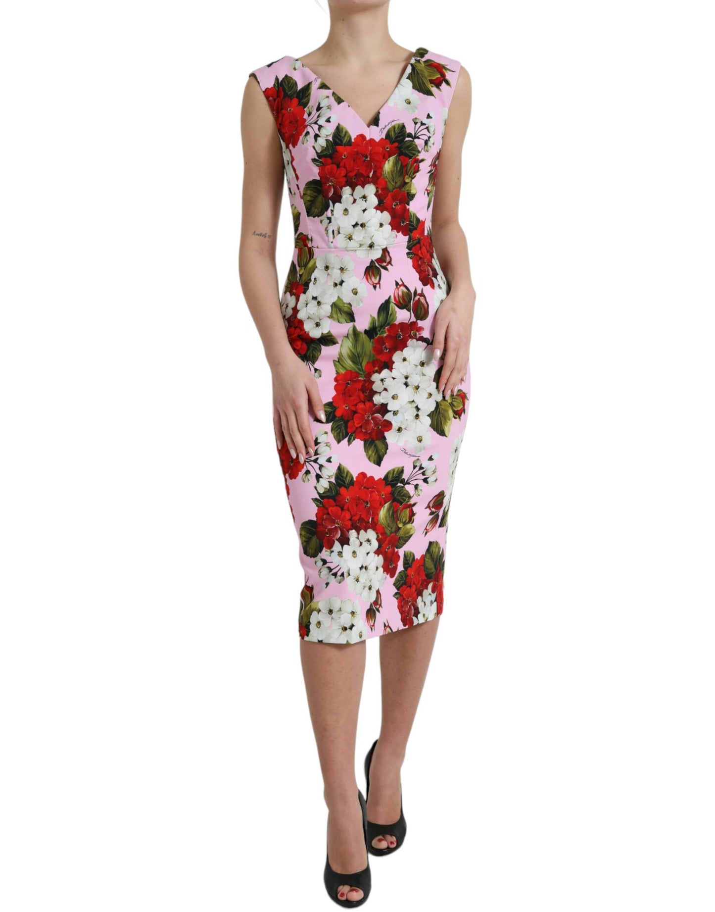 Pink Viscose Pink Floral V-neck Sheath Midi Dress