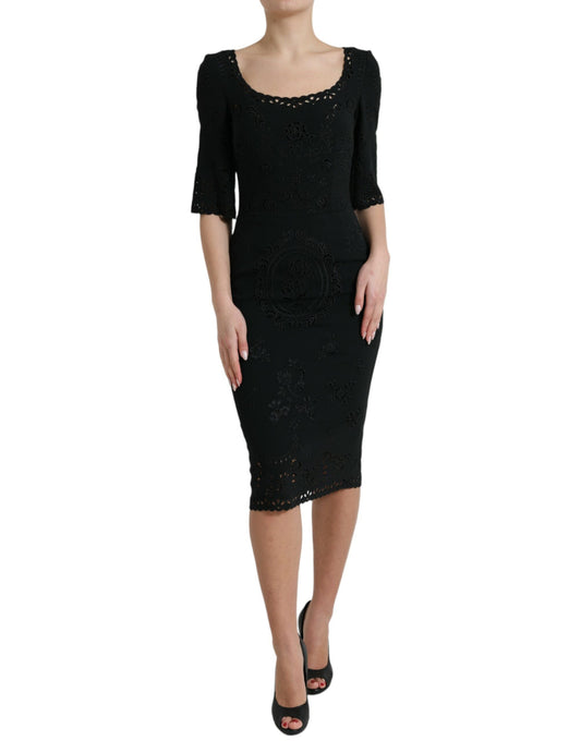 Black Floral Lace Viscose Bodycon Midi Dress