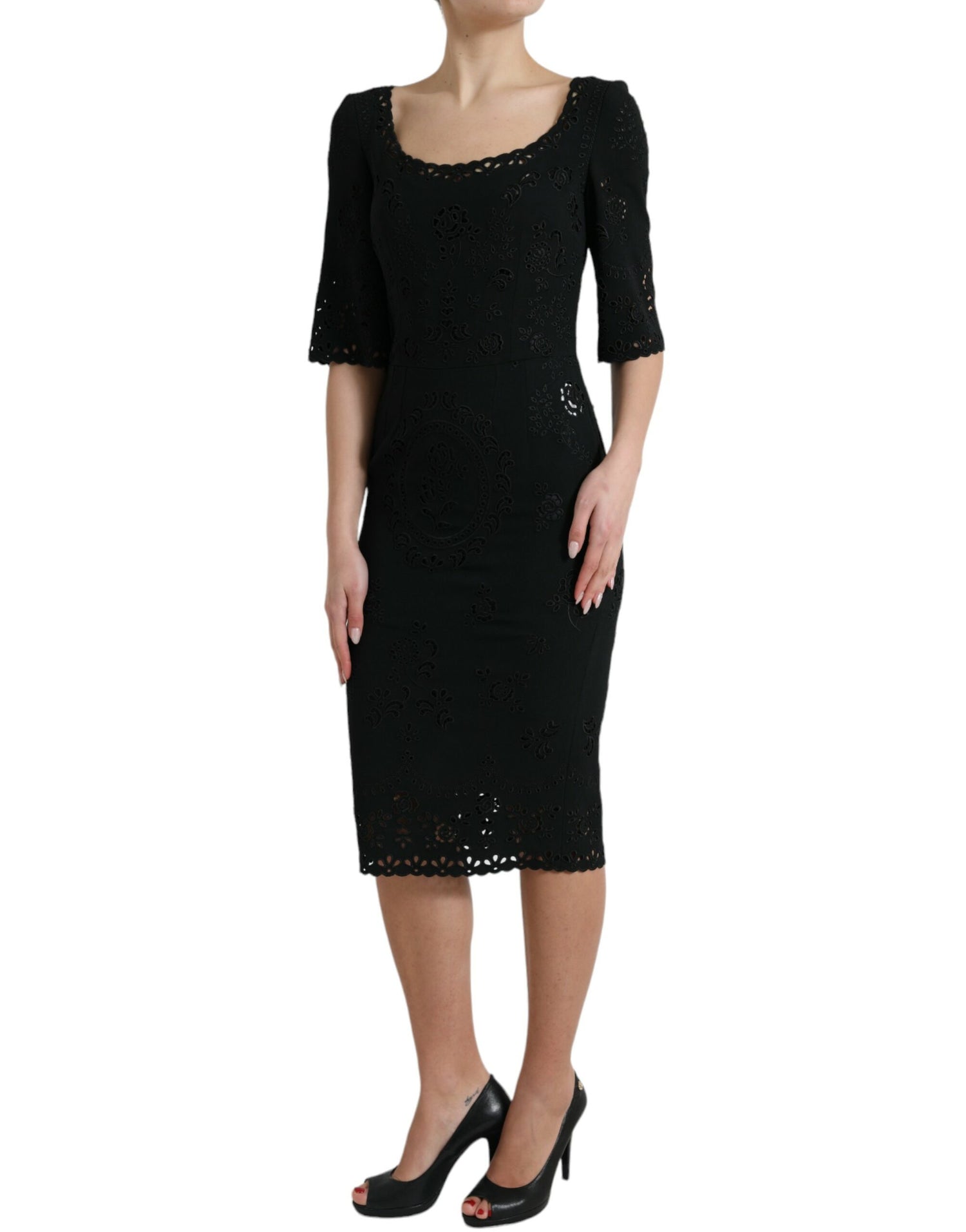 Black Floral Lace Viscose Bodycon Midi Dress