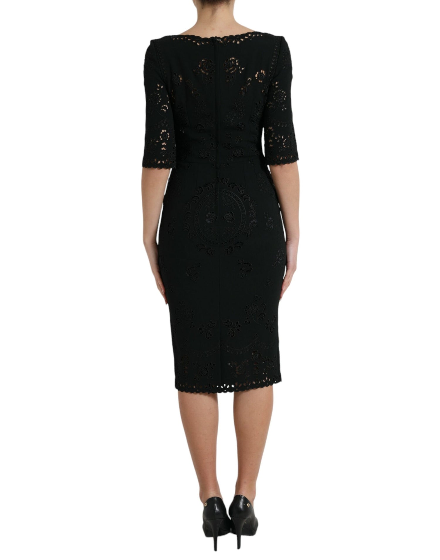 Black Floral Lace Viscose Bodycon Midi Dress