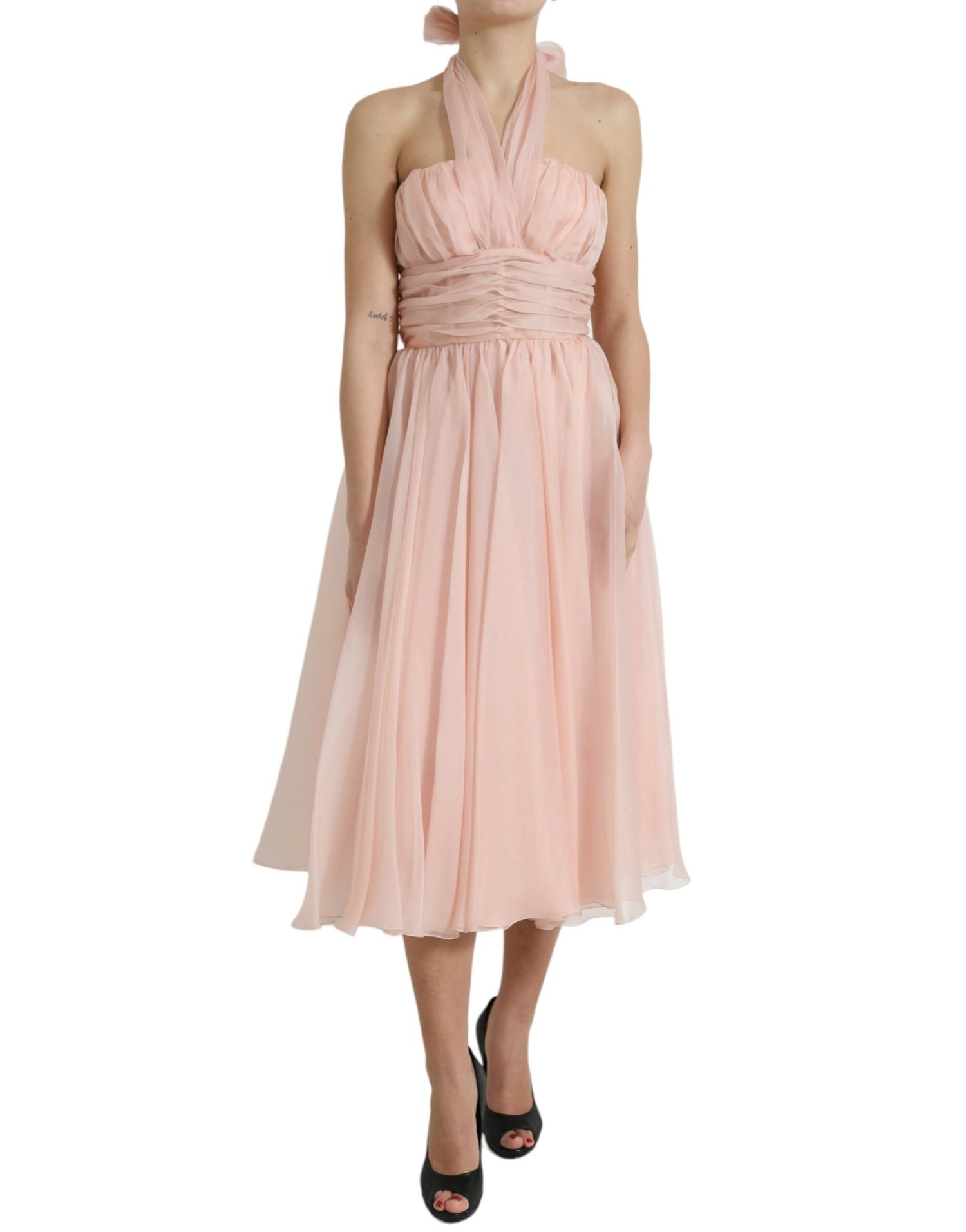 Pink Silk Chiffon Halter A-line Pleated Midi Dress