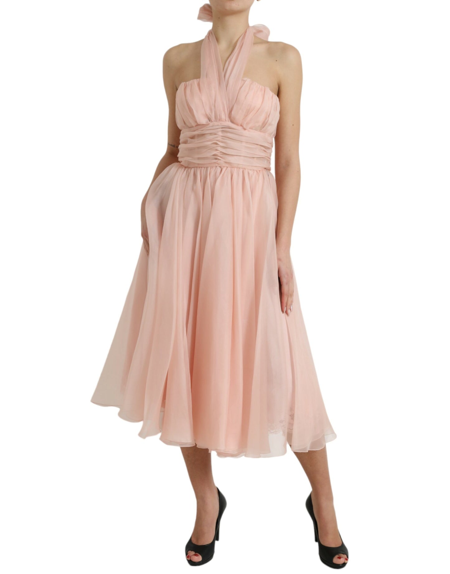 Pink Silk Chiffon Halter A-line Pleated Midi Dress