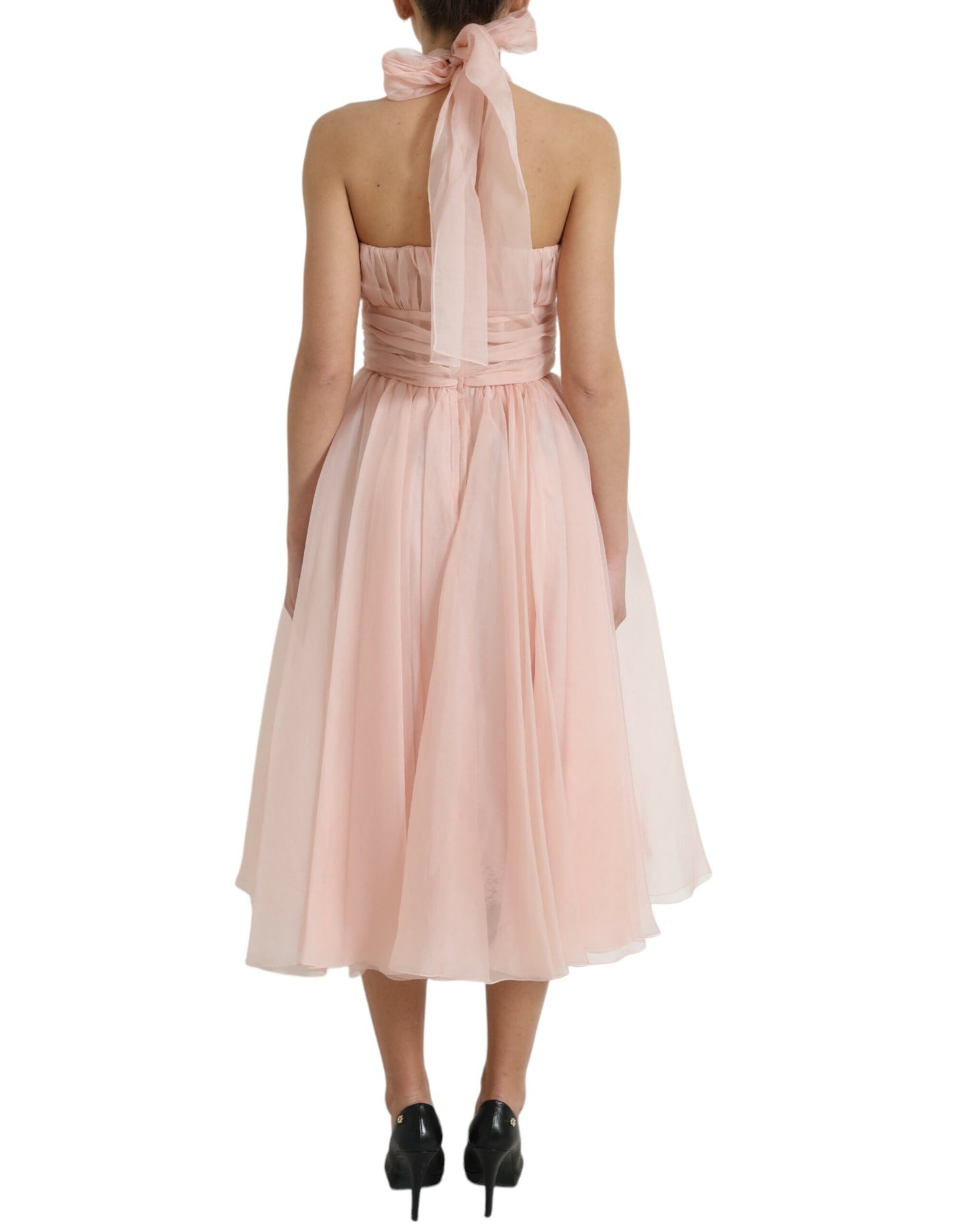 Pink Silk Chiffon Halter A-line Pleated Midi Dress