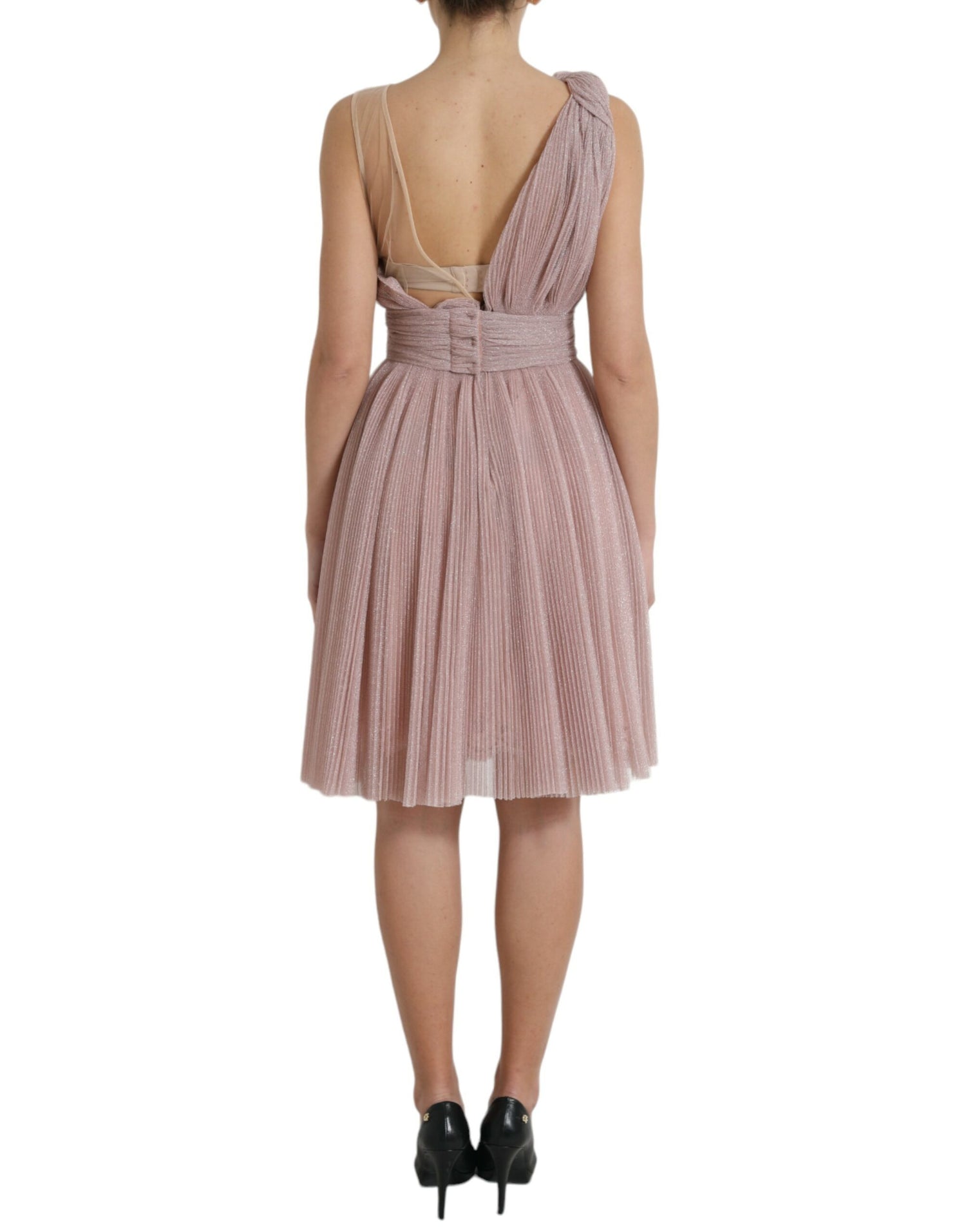 Pink One Shoulder Pleated Lame Tulle Dress