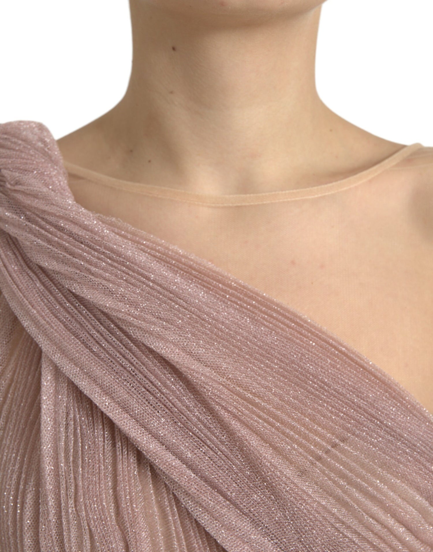 Pink One Shoulder Pleated Lame Tulle Dress