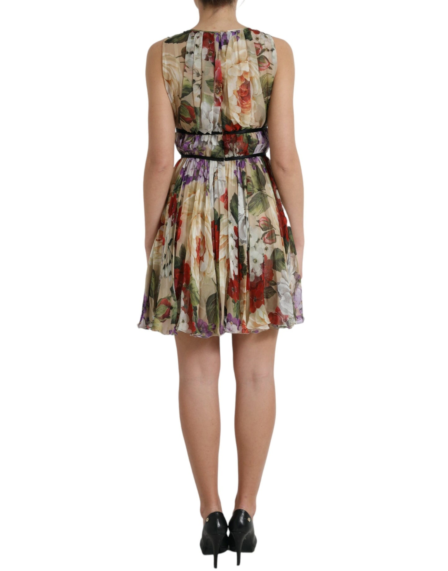 Beige Floral Sleeveless A-line Mini Dress