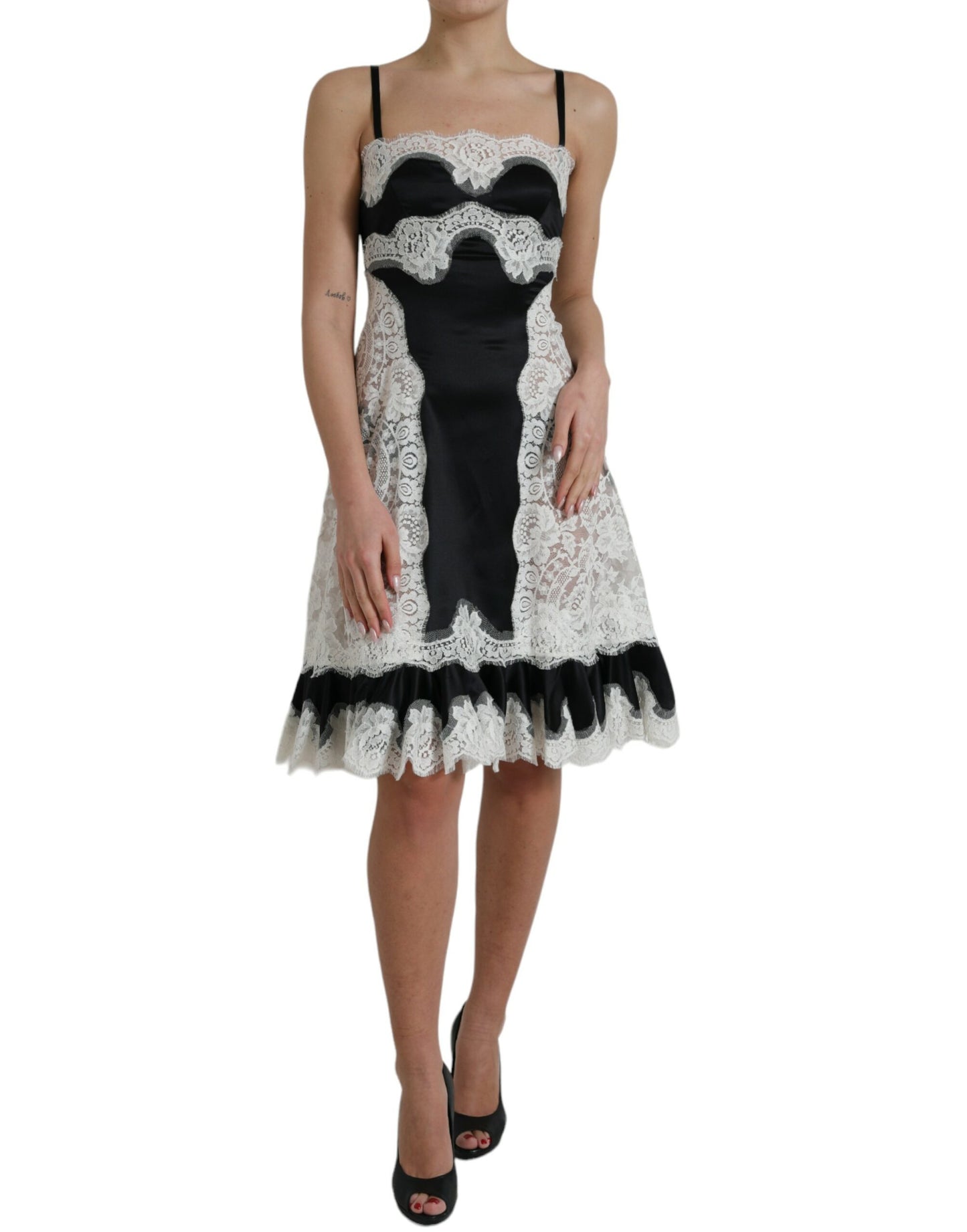 Black White Lace See Through A-Line Sleeveless Dress