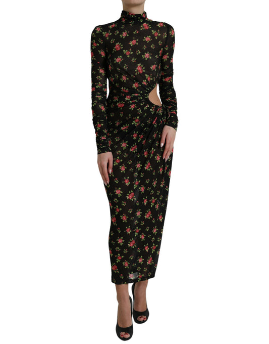 Black Floral Cut Out Sheath Long Maxi Dress