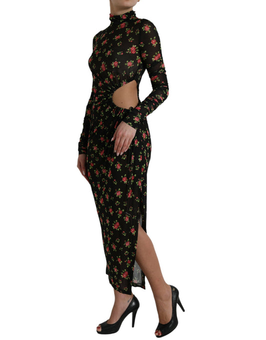 Black Floral Cut Out Sheath Long Maxi Dress