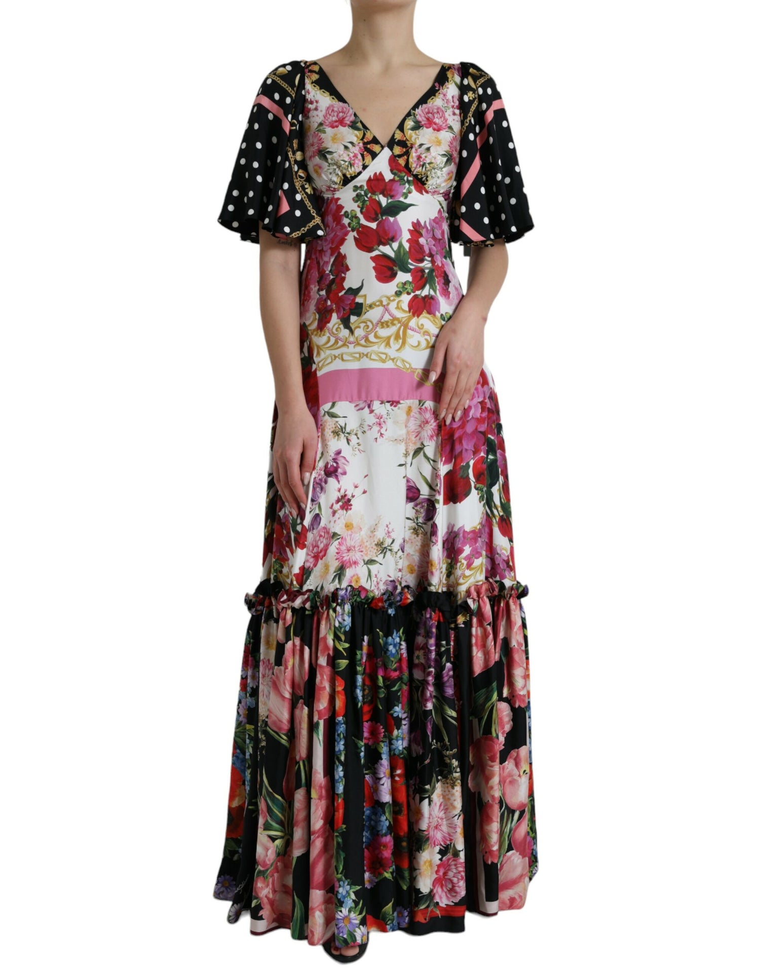 Multicolor Floral Print Silk Twill Gown Dress