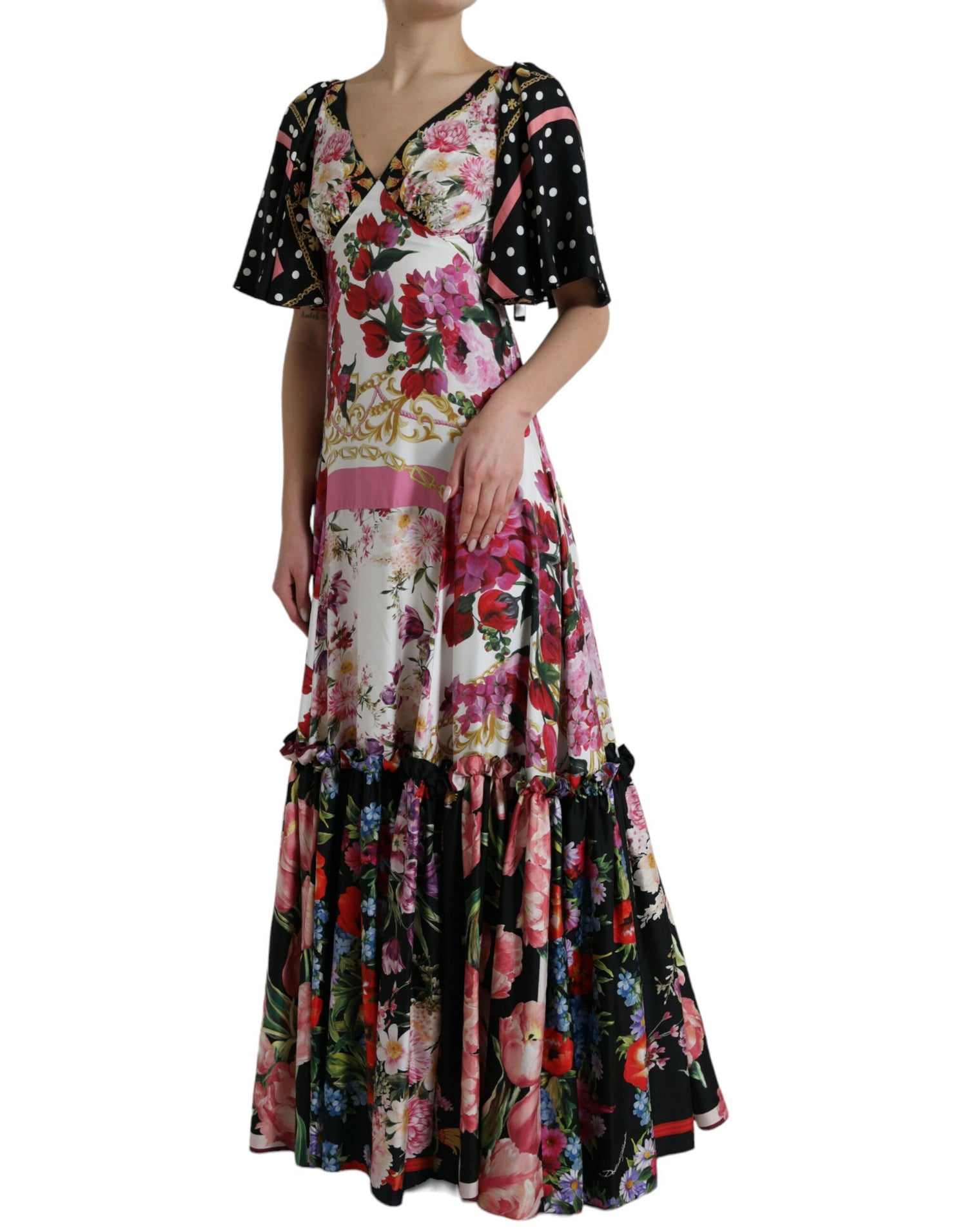 Multicolor Floral Print Silk Twill Gown Dress