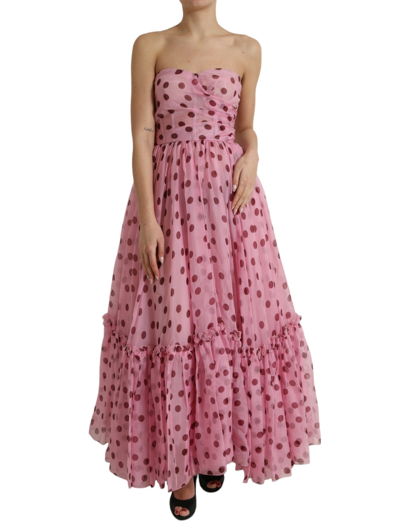 Pink Polka Dots A-line Strapless Gown Dress