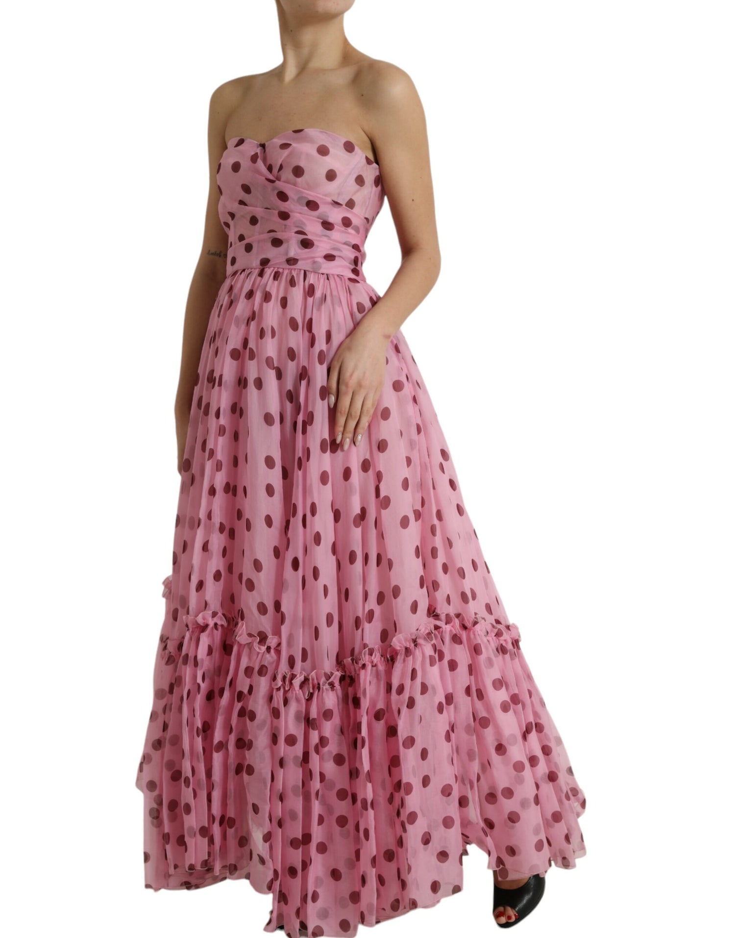 Pink Polka Dots A-line Strapless Gown Dress