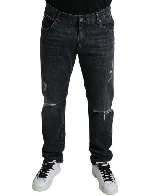 Grey Tattered Cotton Slim Skinny Denim Jeans