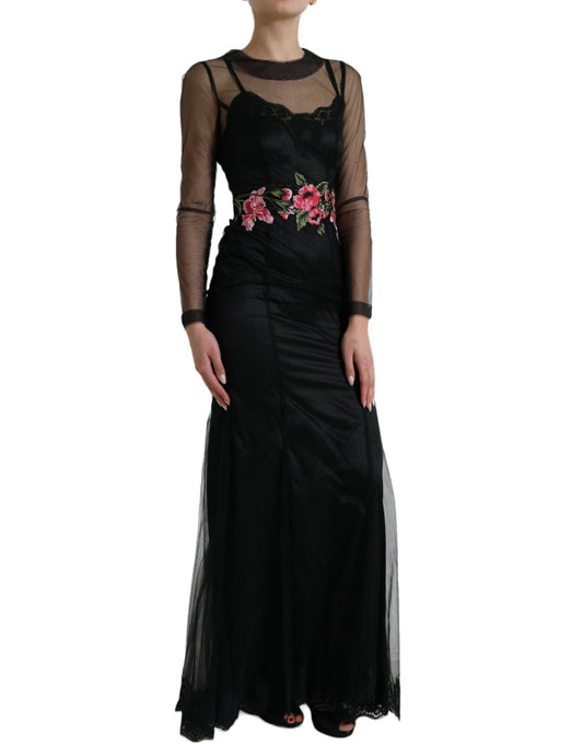 Black Floral Embroidery Mesh Tulle Gown Dress