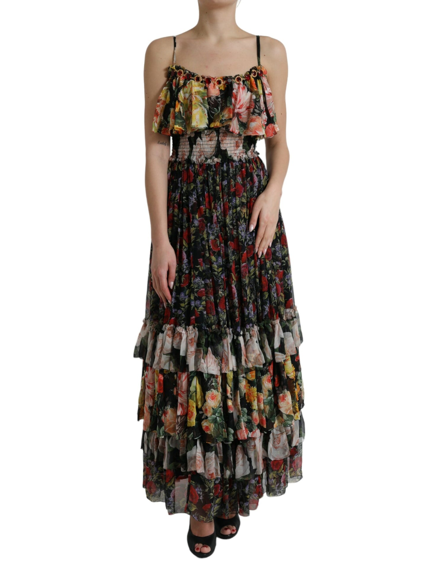 Multicolor Floral Chiffon Tiered Maxi Dress