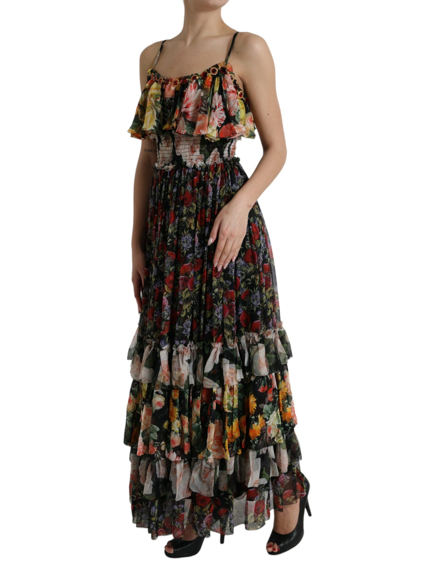 Multicolor Floral Chiffon Tiered Maxi Dress