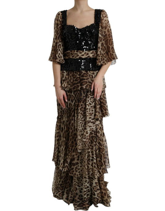 Brown Leopard Sequined Tiered Long Gown Dress