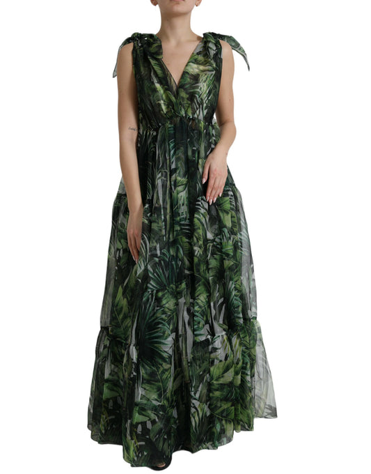 Green Flocked Leaf Georgette A-line Dress