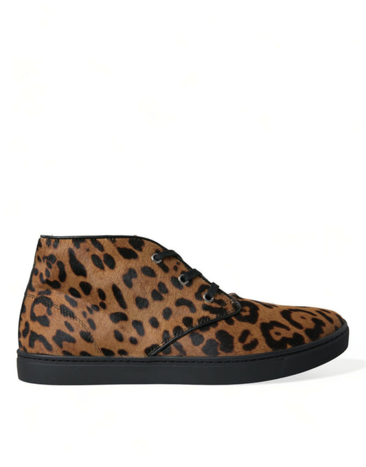 Brown Leopard Pony Hair Leather Sneakers Shoes