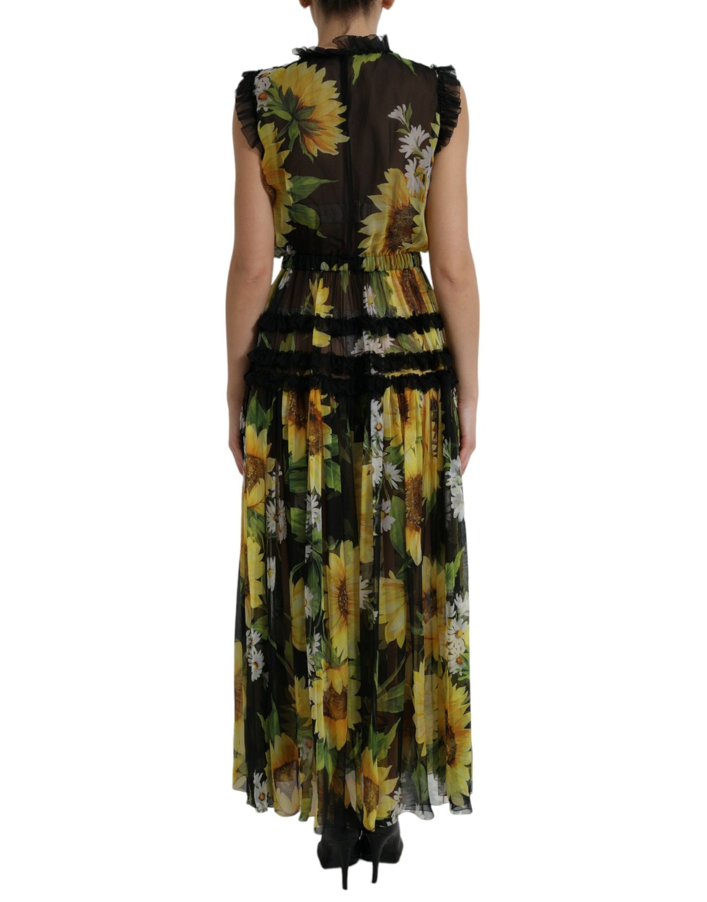 Black Sunflower A-line Pleated Maxi Dress