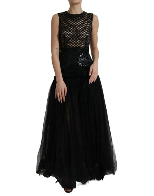 Black Sequined Sleeveless Mesh Layered Gown Dress