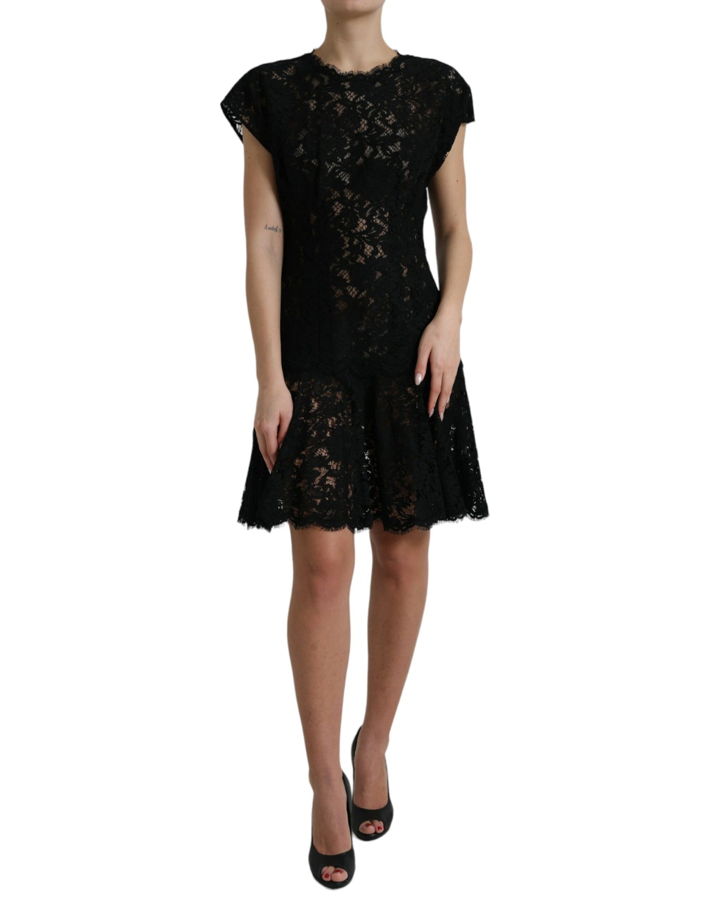 Black Floral Lace Cotton A-line Mini Dress