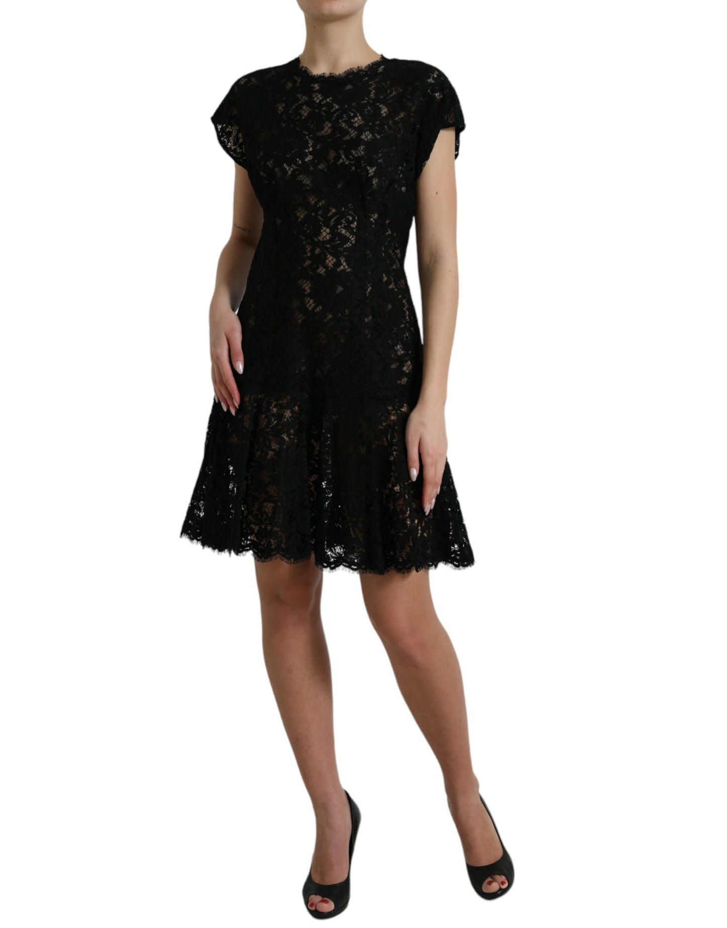 Black Floral Lace Cotton A-line Mini Dress