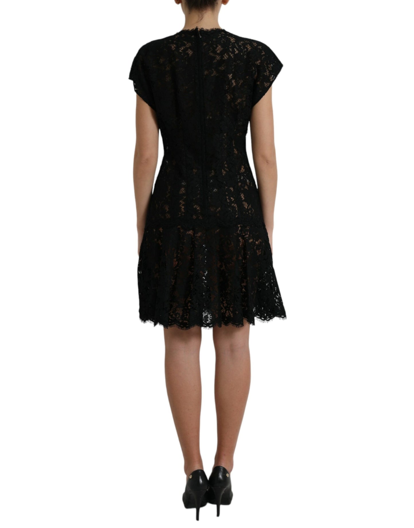 Black Floral Lace Cotton A-line Mini Dress