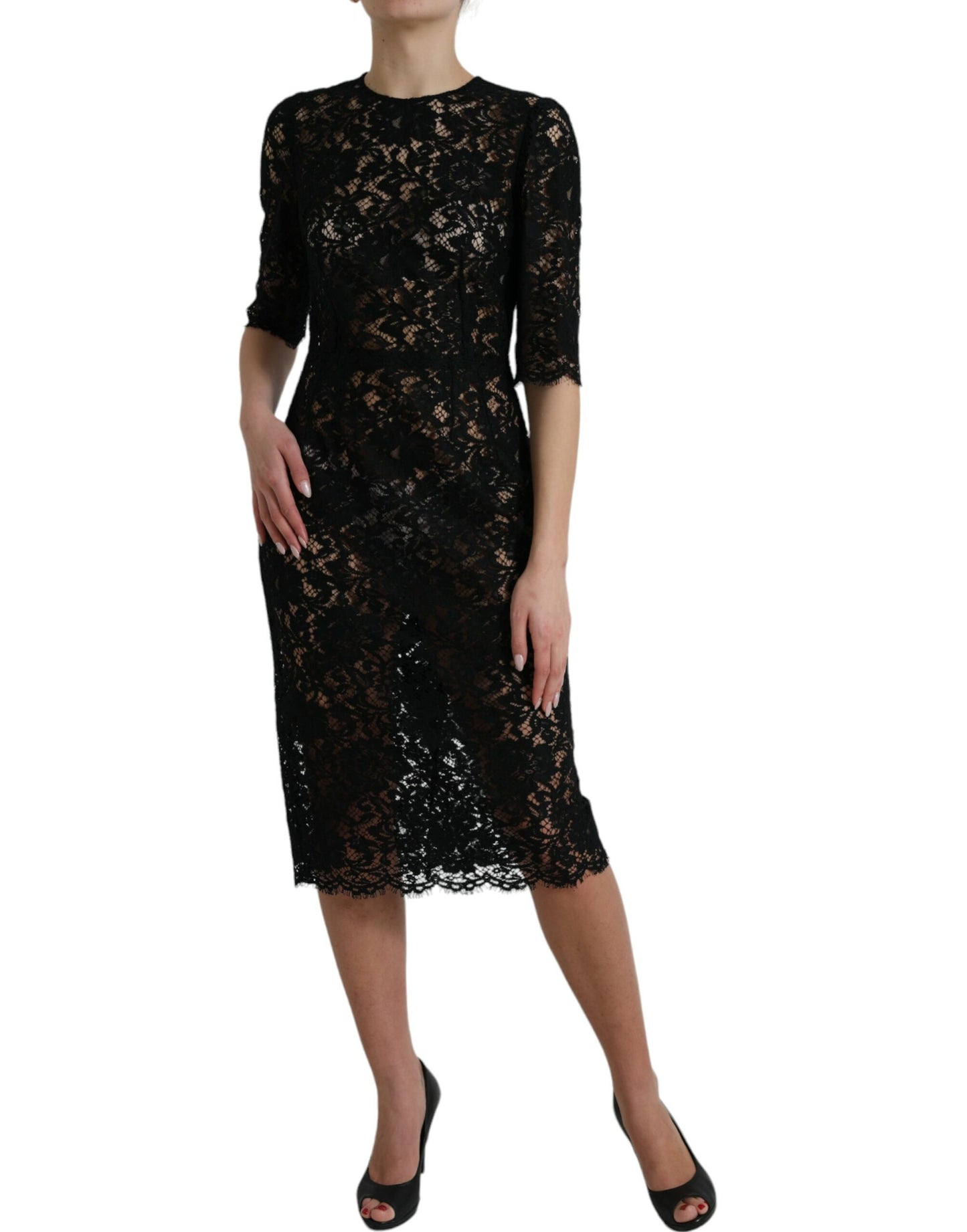 Black Floral Lace Viscose Sheath Midi Dress