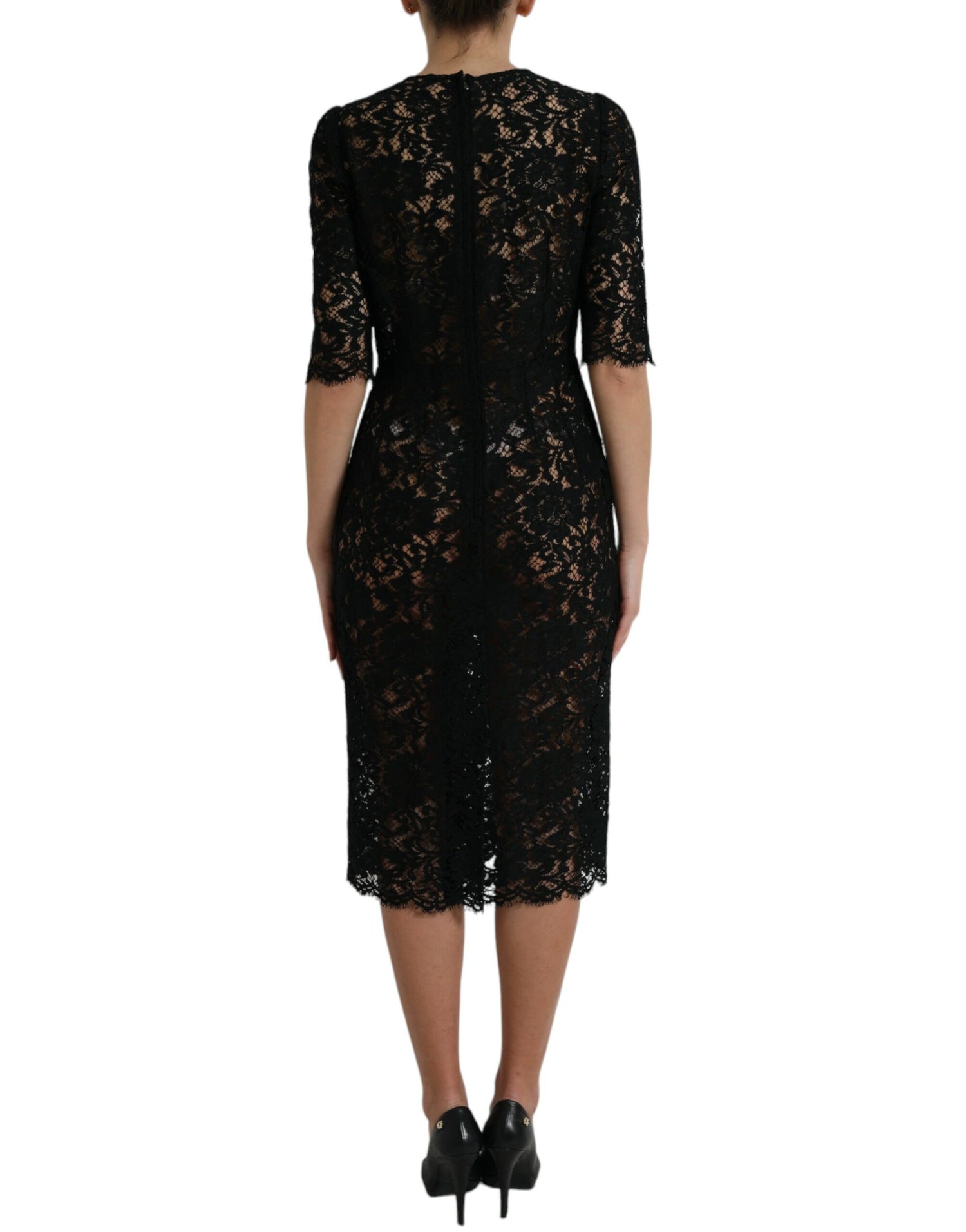 Black Floral Lace Viscose Sheath Midi Dress