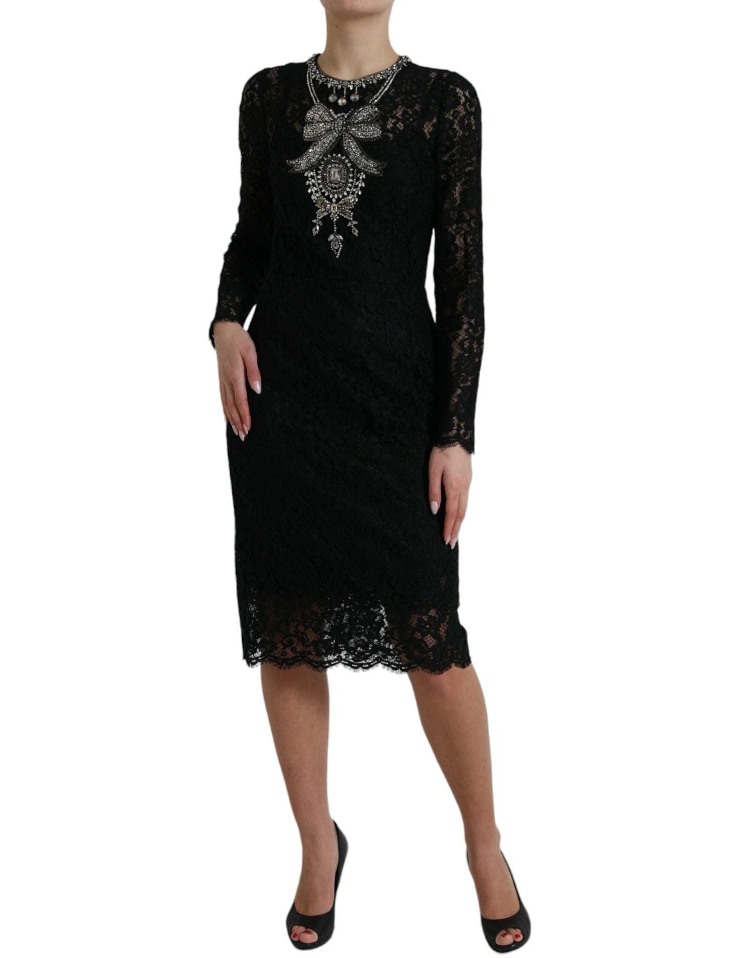 Black Lace Crystal Embellished Sheath Dress