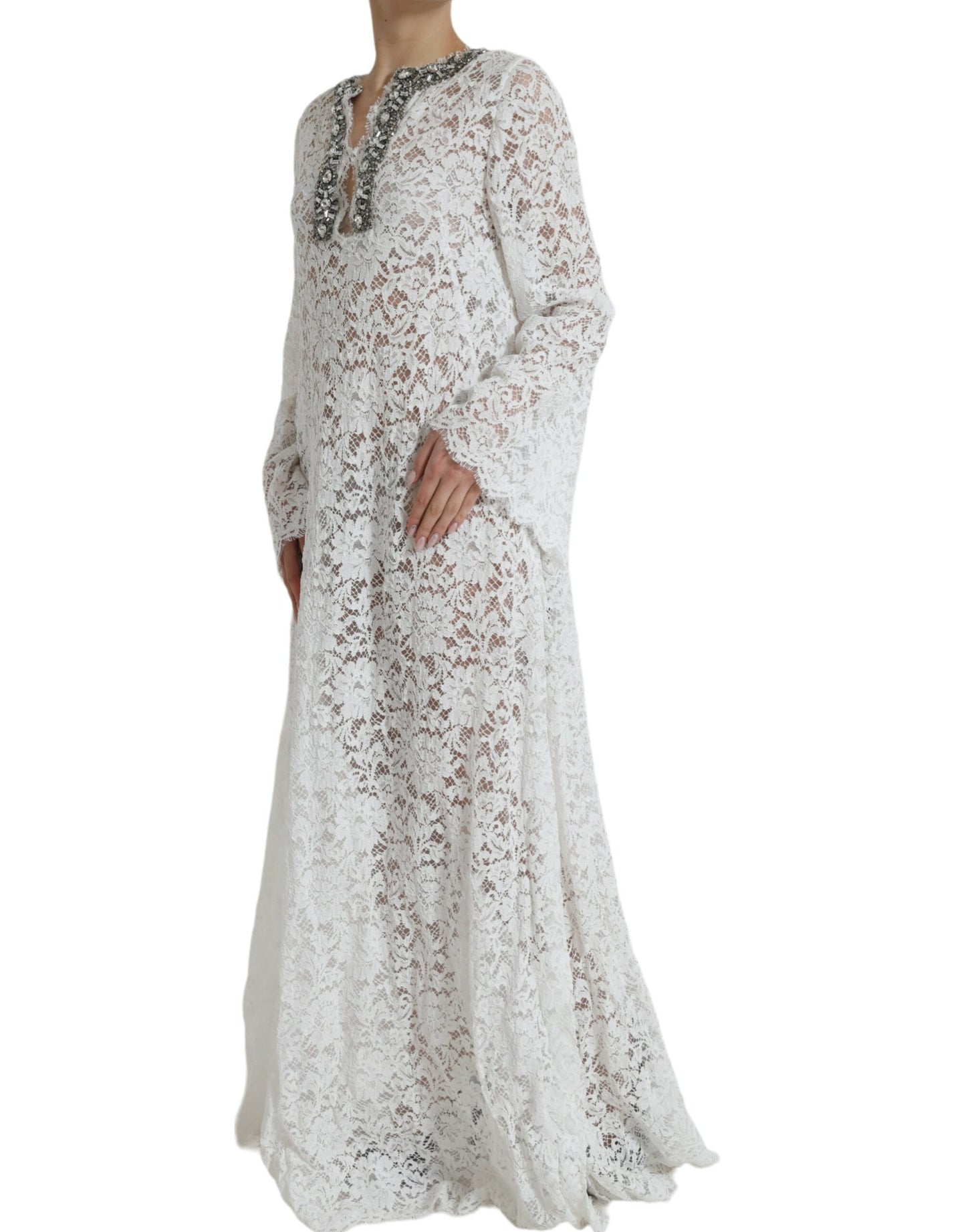 White Lace Crystal Embellished Shift Dress