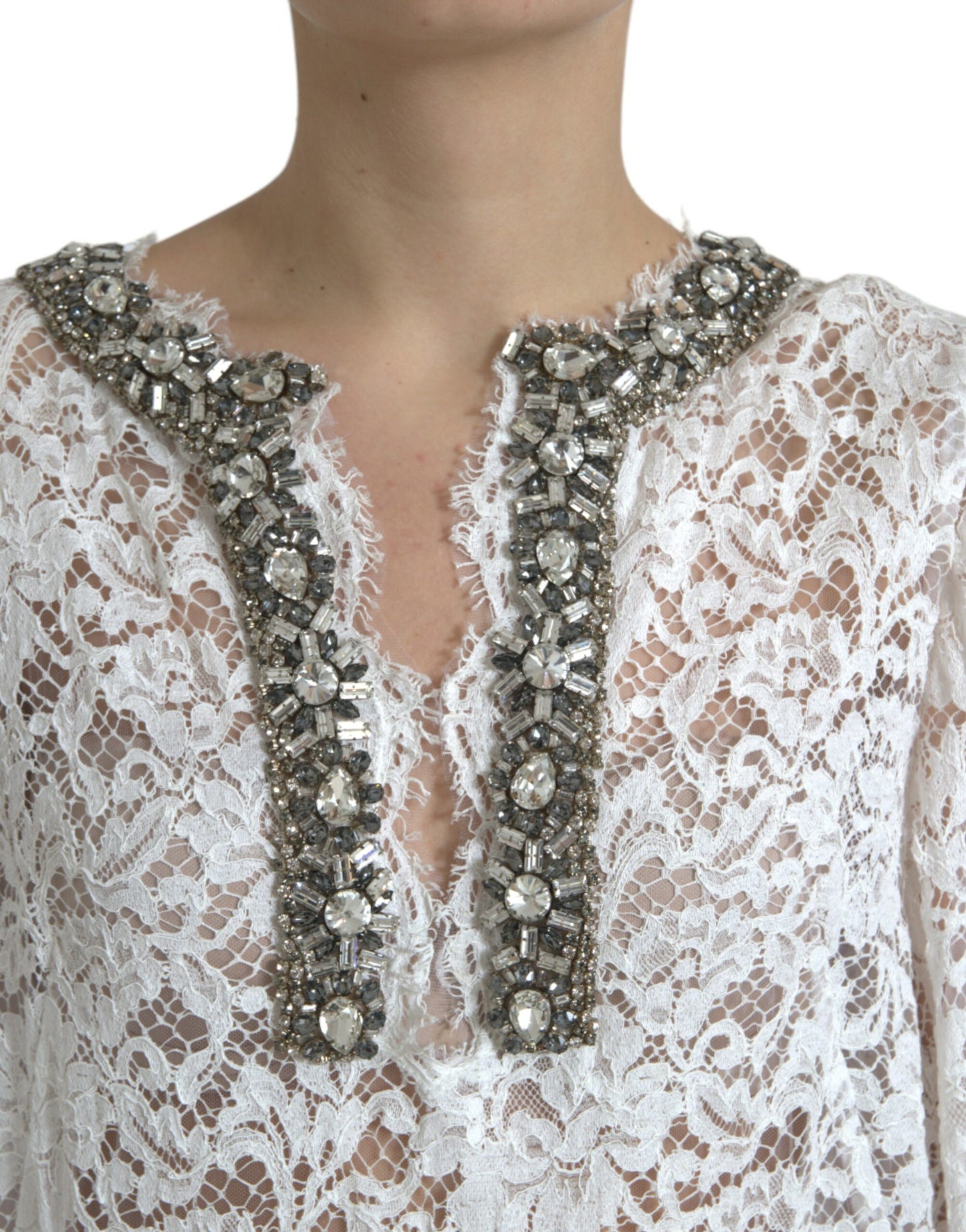 White Lace Crystal Embellished Shift Dress