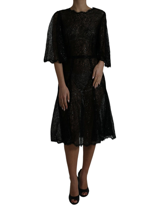 Black Floral Lace Sheer A-line Midi Dress