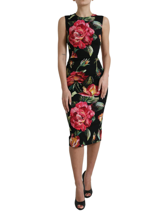 Black Floral Print Silk Sheath Midi Dress