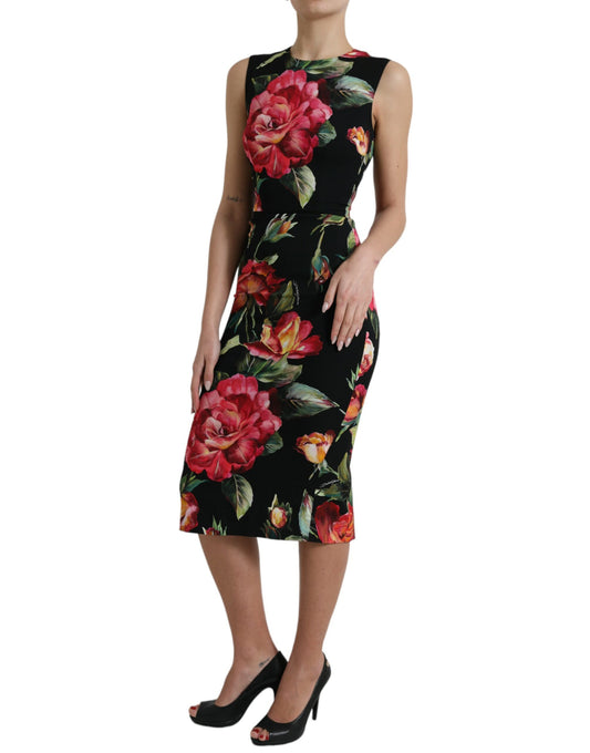 Black Floral Print Silk Sheath Midi Dress