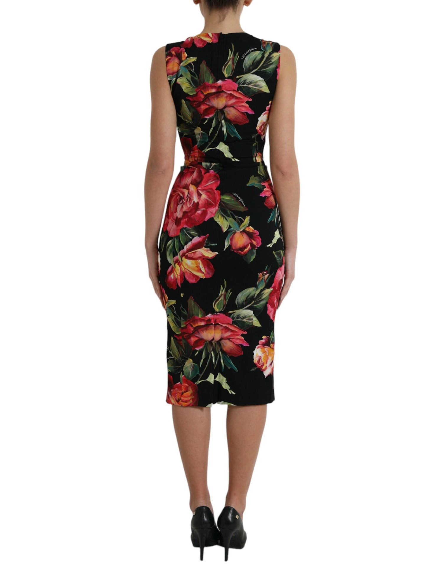 Black Floral Print Silk Sheath Midi Dress