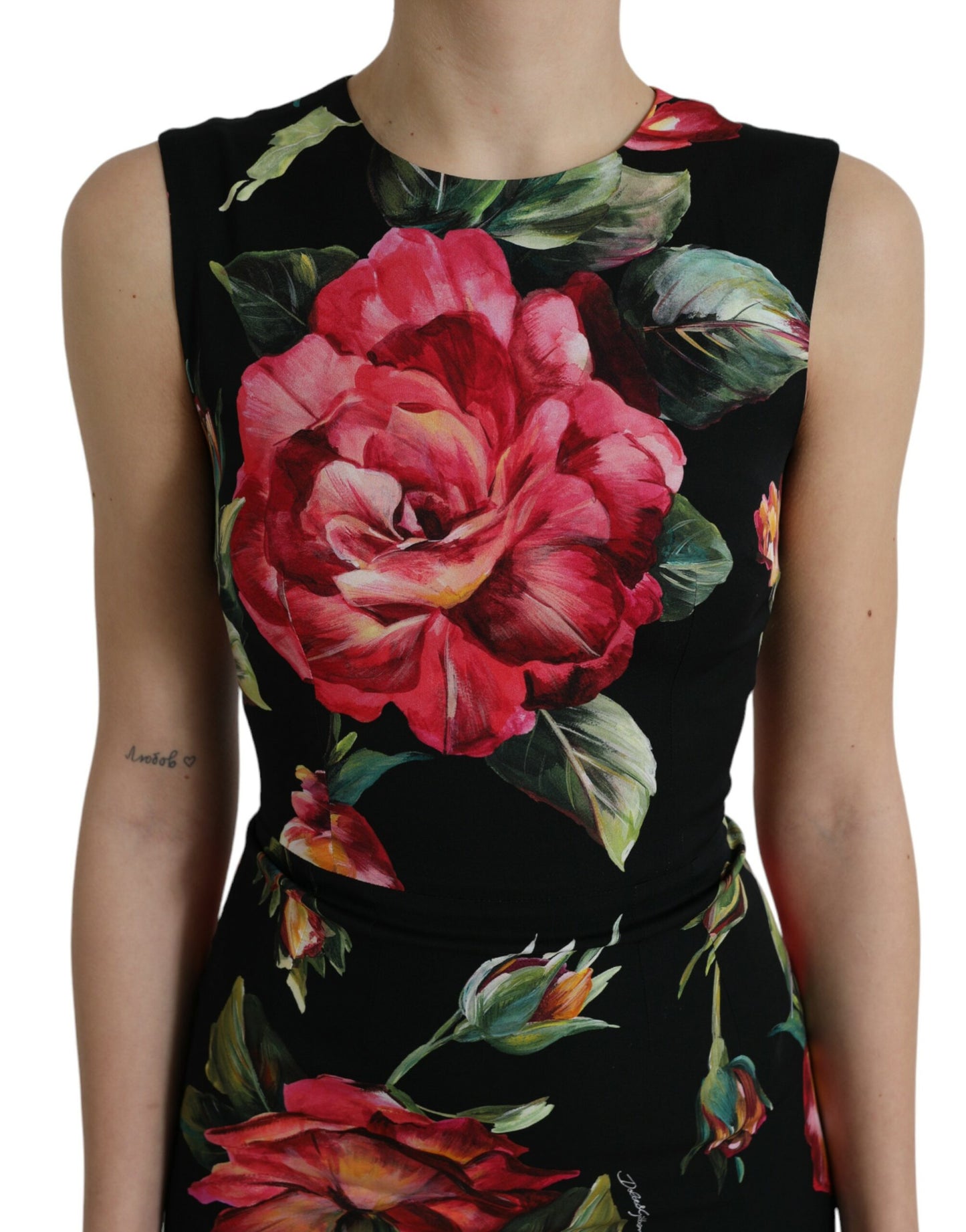 Black Floral Print Silk Sheath Midi Dress