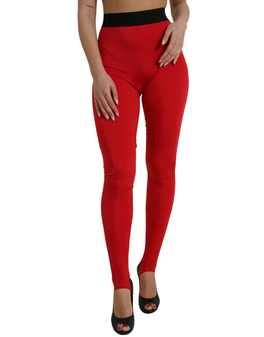 Red Nylon Stretch Slim Leggings Pants